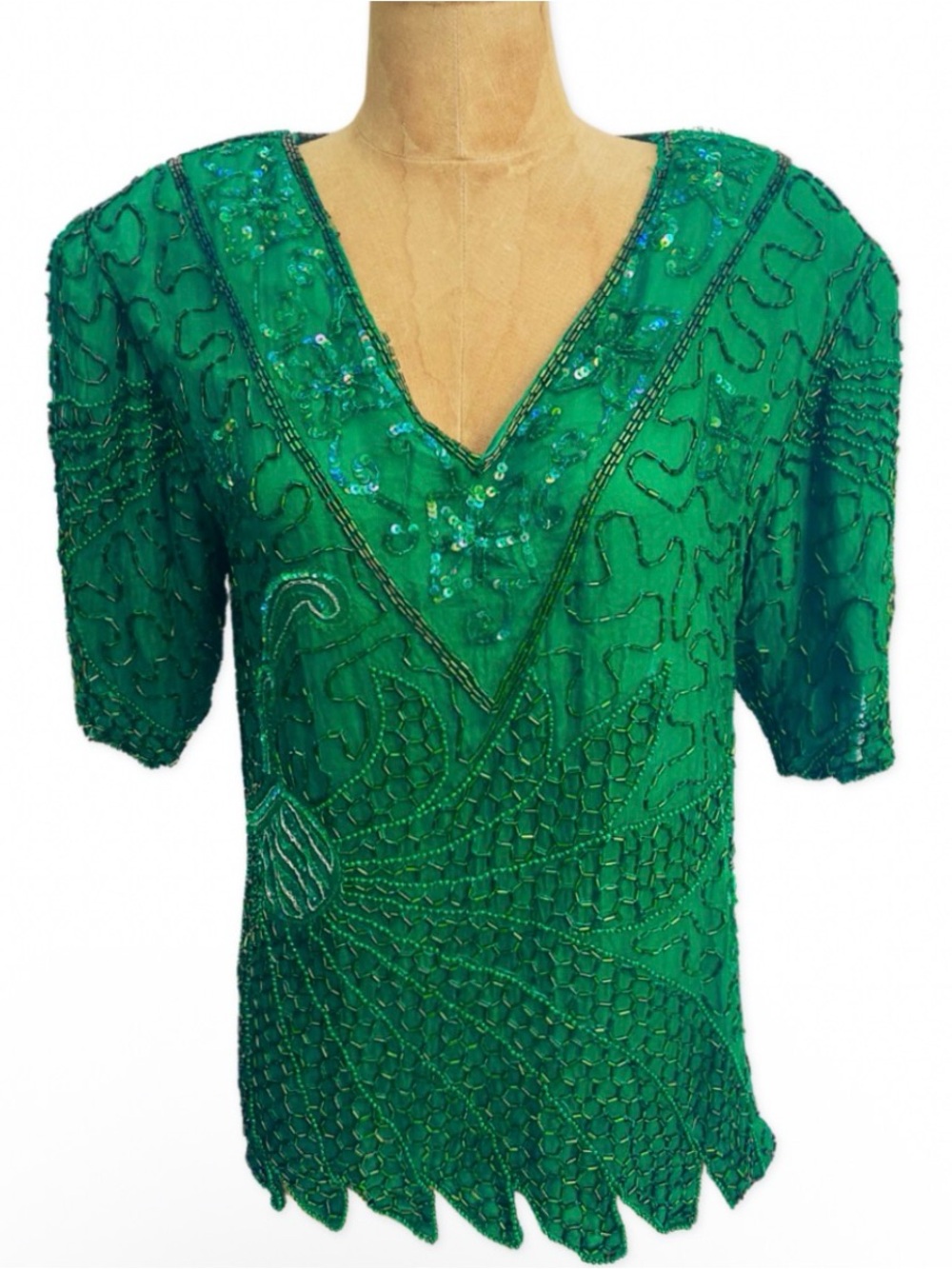 Vintage Emerald Green Beaded V-Neck Silk Blouse
